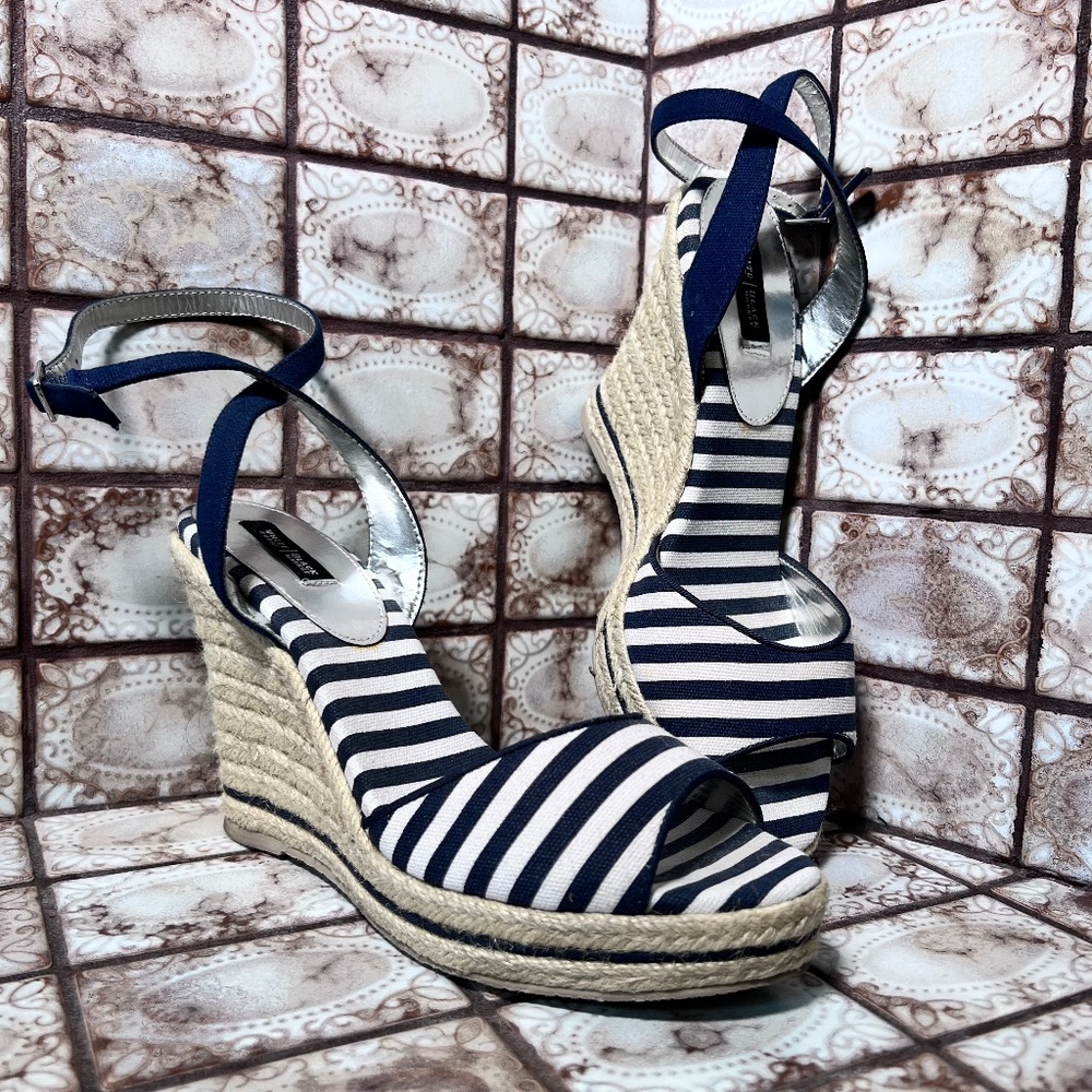 Navy Striped Espadrille Wedge Sandals - Women